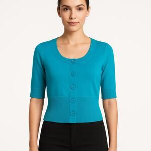 Vintage Style Blue Green Knit Sweater Top Scoop Neck Ribbed Hem Button Front